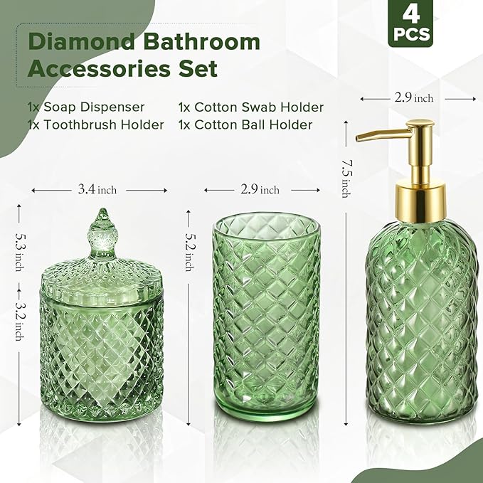 Green Bathroom Accessories Set, 4 Pack Olive Green Bathroom Decor Accessory Sets Complete, Diamond Glass Soap Dispenser and Toothbrush Holder Set for Bath Counter Organizer Essentials
