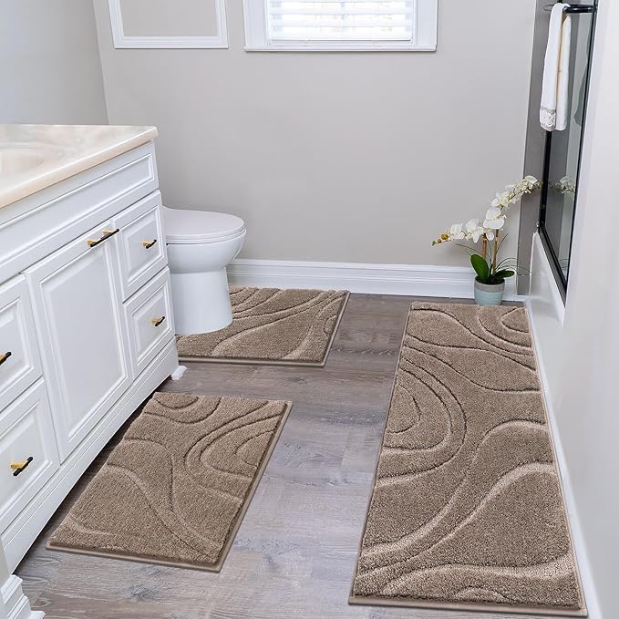HEBE Bathroom Rug Sets 3 Piece, Non Slip Shower Mats with U-Shaped Contour Toilet Mat, Absorbent Microfiber Bath Mats for Bath Rugs, Washable Shaggy Floor Carpet, Coffee