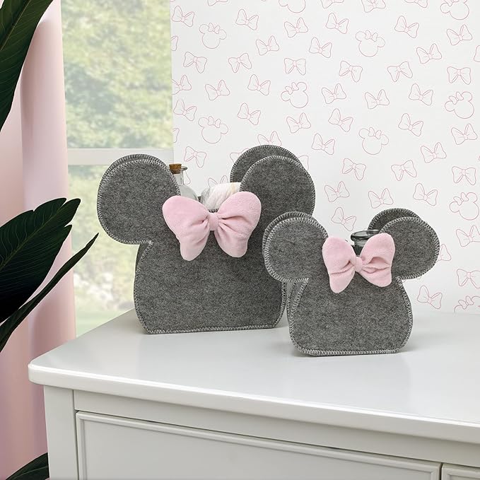 Disney Minnie Mouse Shaped Grey and Pink 2 Piece Felt Nursery Storage Caddy - 1 Large, 1 Small
