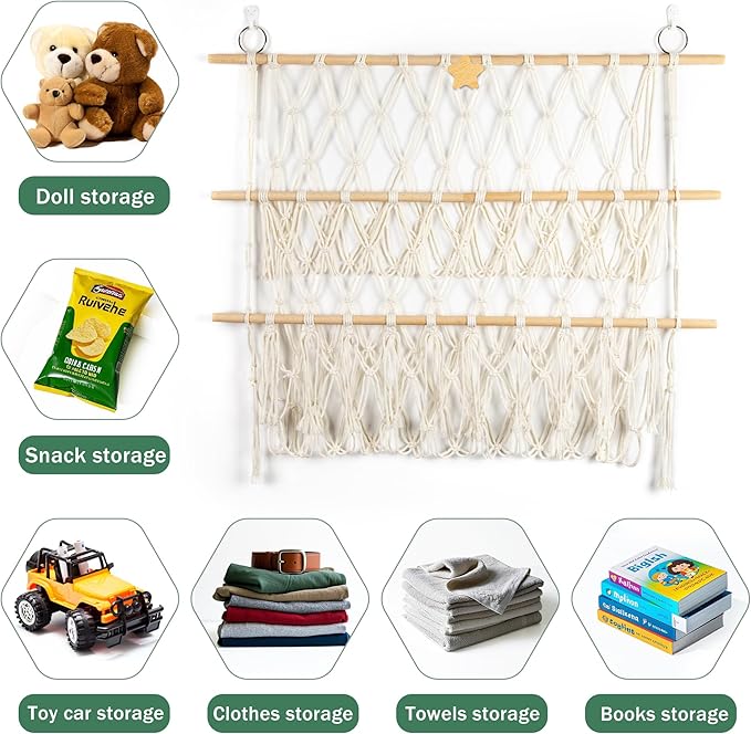 Starry Stuffed Animal Net Hammock Wall Hanging Handmade Boho Macrame Toy Hammock Organizer Holder Display Hanging Plush Toy Net for Corner Wall Stuffed Animal Storage(29.9" H x 31.5" W)