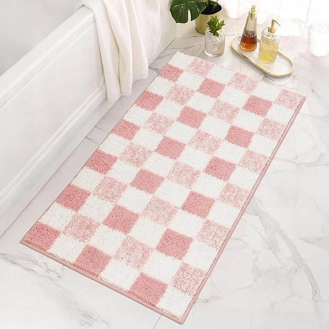 GRANNY SAYS Checkered Pink Bathroom Rugs Decor, 48" x 24", Fluffy Rug, Absorbent Microfiber Ultra Soft Bath Mat Washable, Non-Slip Bath Mats for Bathroom, Cute Floor Mat for Tub, Shower, Bedroom
