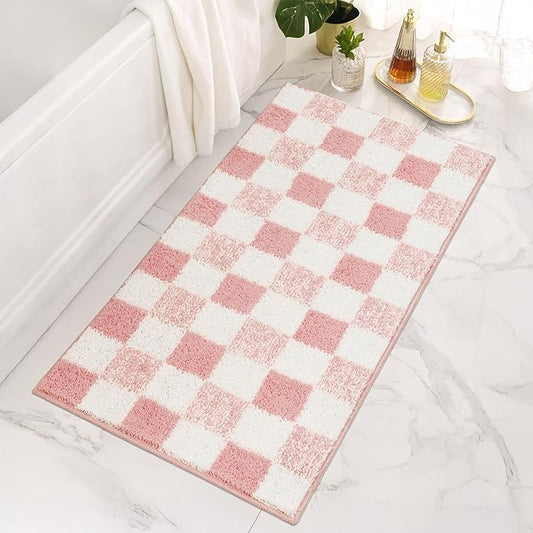 GRANNY SAYS Checkered Pink Bathroom Rugs Decor, 48" x 24", Fluffy Rug, Absorbent Microfiber Ultra Soft Bath Mat Washable, Non-Slip Bath Mats for Bathroom, Cute Floor Mat for Tub, Shower, Bedroom