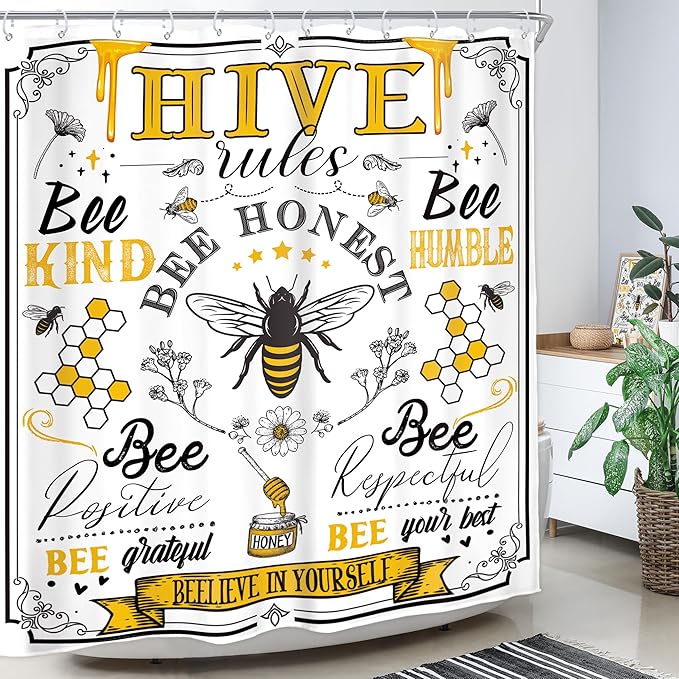 Homewelle Black Yellow Bee Words Shower Curtain Inspirational Quotes Motivationa Rustic Retro Floral Flower Plant Honeycomb 60Wx72H Inch Aesthetic Vintage Waterproof Polyester Fabric Bathroom Bathtub