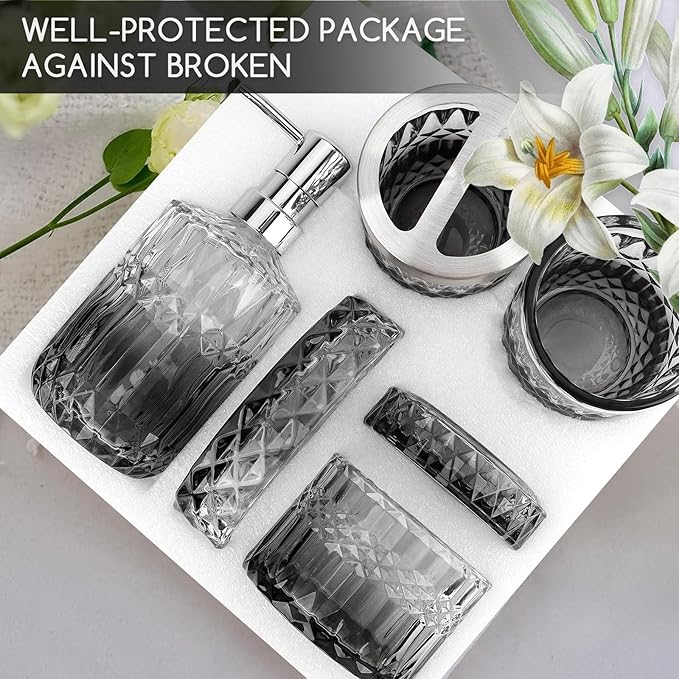 5-Piece Bathroom Accessory Set, Diamond Glass Bathroom Soap Lotion Dispenser, Toothbrush Holder, Tray, Jar, Tumbler, Luxury Vanity Organizer, Elegant Home Decor