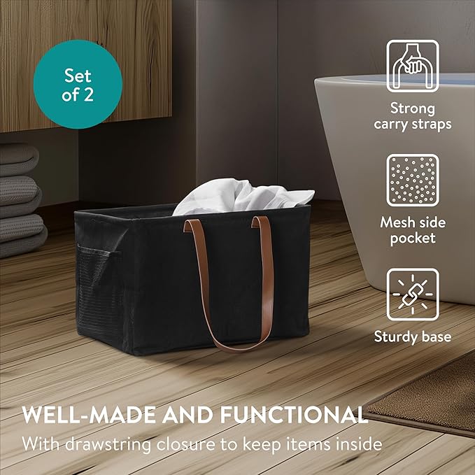 Navaris Collapsible Laundry Bin - Set of 2 - Foldable Clothes Basket - Small Slim Wash Bin - Double Hamper for Lights and Darks - Washing Up Bag Bins - Black