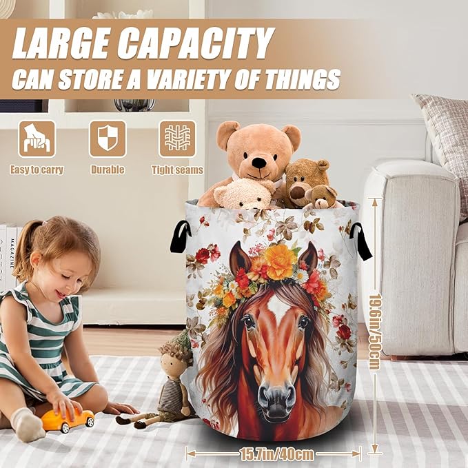 Watercolor Horse Laundry Basket, Foldable Waterproof Animals Floral Laundry Hamper Tote Bag Dirty Clothes Storage Bucket Toy Organizer for Bathroom/Laundry/Bedroom 15.7"x19.6"