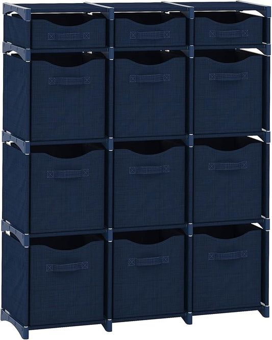 12 Cube Storage Organizer With Bins Included - Closet Storage With 12 Storage Bins - Easy To Assemble Storage Unit With Drawers - Closet Organization For Clothes, Bedroom, Nursery, & Toys (Navy)