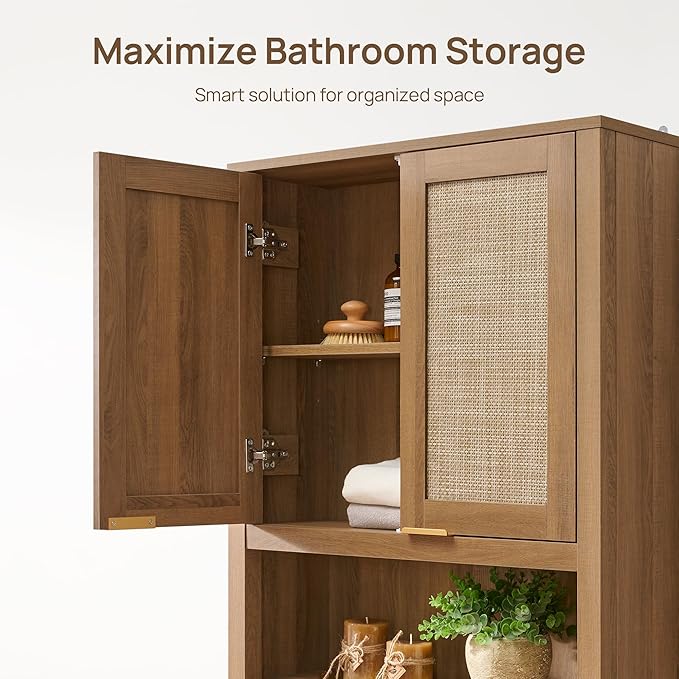 SICOTAS Over The Toilet Storage Cabinet with Rattan Door, Freestanding Bathroom Organizer with Adjustable Shelf, Space Saver Cabinet for Bathroom, Laundry Room, Restroom
