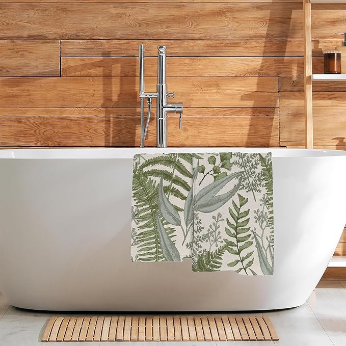 Green Fern Leaves Hand Towel for Bathroom Set of 2,Watercolor Botanical Plant Leaves Bathroom Hand Towel,Soft Absorbent Decorative for Hotel Home Decor