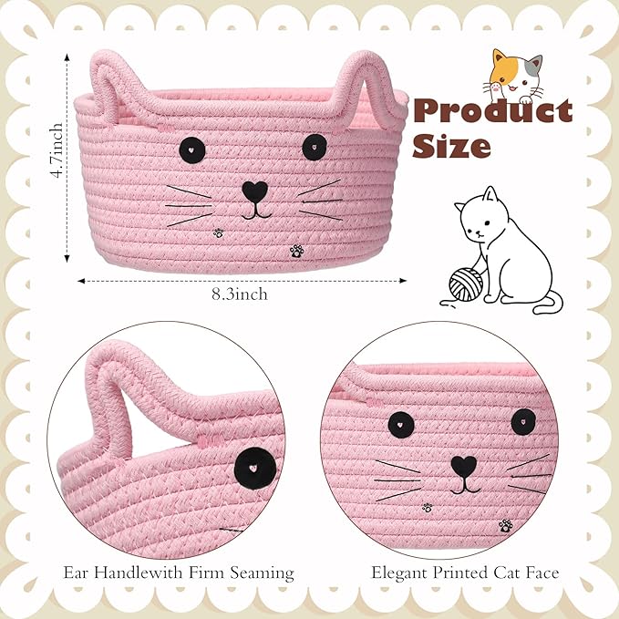 Zopeal Cat Basket Storage Woven Organizer with Ears Christmas Decorative Pet Toy Cute Cotton Rope Basket for Gift Cat Dog Toy Bin Nursery Room(8.3 x 4.7 Inch,Pink)