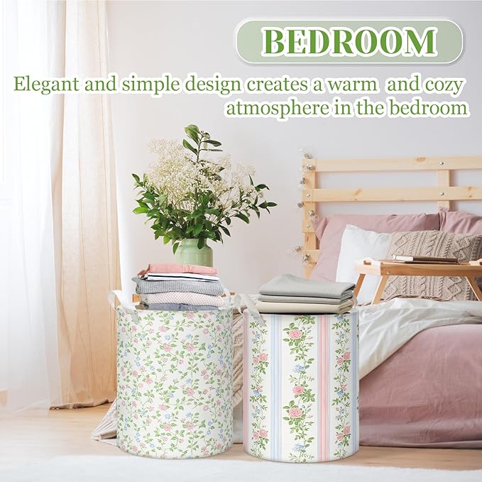 2 Pcs Laundry Basket Coquette Storage Basket for Girls Nursery Hamper with Handles Foldable Waterproof Collapsible Storage Bin Organizer for College Dorms Bathroom(Floral)