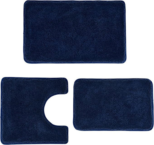 3 Pieces Luxury Bathroom Rug Set with U-Shaped Toilet Rug, Non-Slip Rubber Bottom, Thick Microfiber Fluffy Plush, Water absorption, Quick Dry, Ultra Soft, Bath Mats for Bathroom, Tub(Navy Blue)