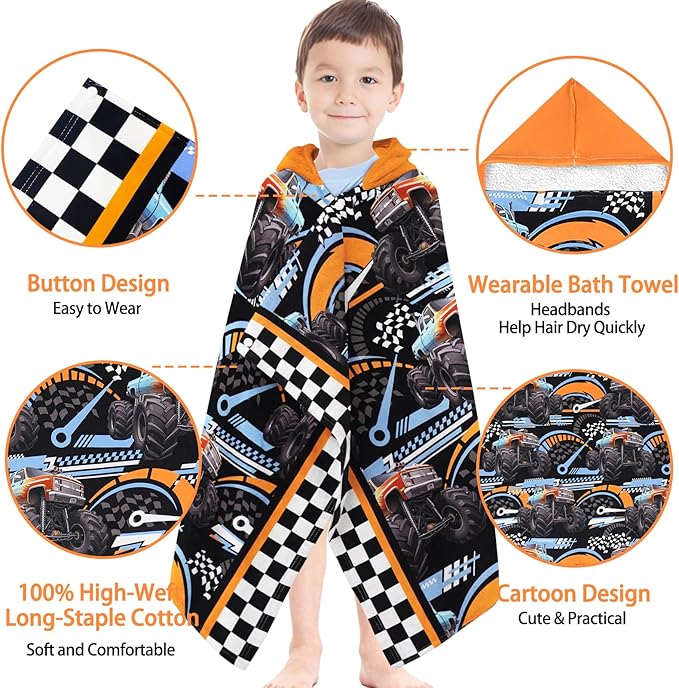 Hooded Poncho Towels for Kids - Ultra Soft 100% Cotton Truck Toddler Hood Bath Towels/Pool Terry Towel Beach Poncho Wrap Absorbent Cute Bath & Swim Wrap Gift for Boys & Girls 3-10 Years - Black