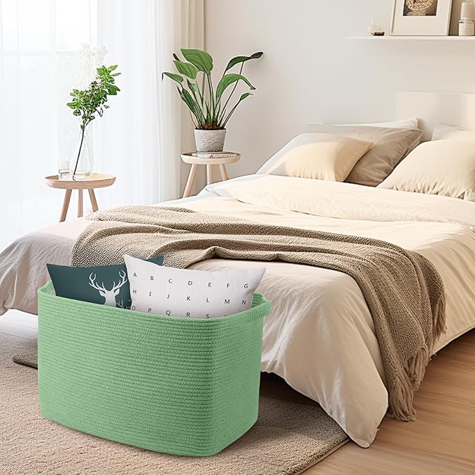 Large Green Baskets for Organizing, 23.6" x 17" x 12" Rectangle Blanket Holder Organizer, Kids Toy Storage Bins, Woven Rope Storage Basket, Green Home Decor Basket, Baby Nursery Storage