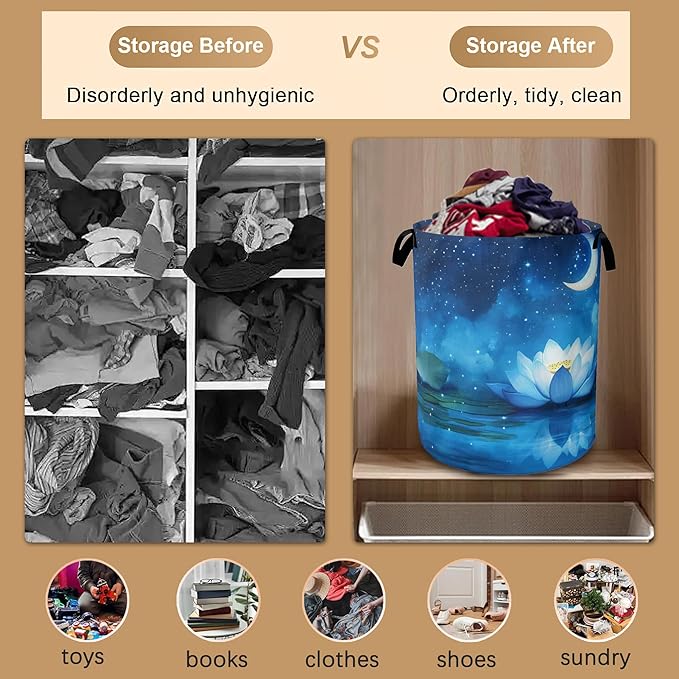 Waterlily Moon Laundry Hamper,Collapsible Laundry Baskets,Starry Night Dirty Clothes Baskets with Handles,Oxford Cloth Hamper for Bedroom,Bathroom,College Dorms, 16"x20"