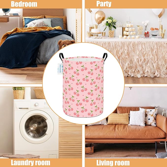 LANGYASHAN Laundry Basket Canvas Fabric Collapsible Organizer Basket for Storage Bin Toy Bins Gift Baskets Bedroom Clothes Children Nursery Hamper (Pink Cherry)