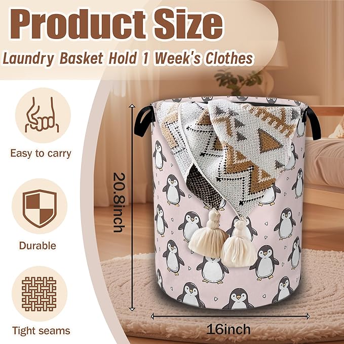 Cute Penguin Laundry Hamper,Pink Laundry Baskets,Waterproof Oxford Cloth Toy Storage for Bedroom,Bathroom,Nursery,16x20.8 Inch