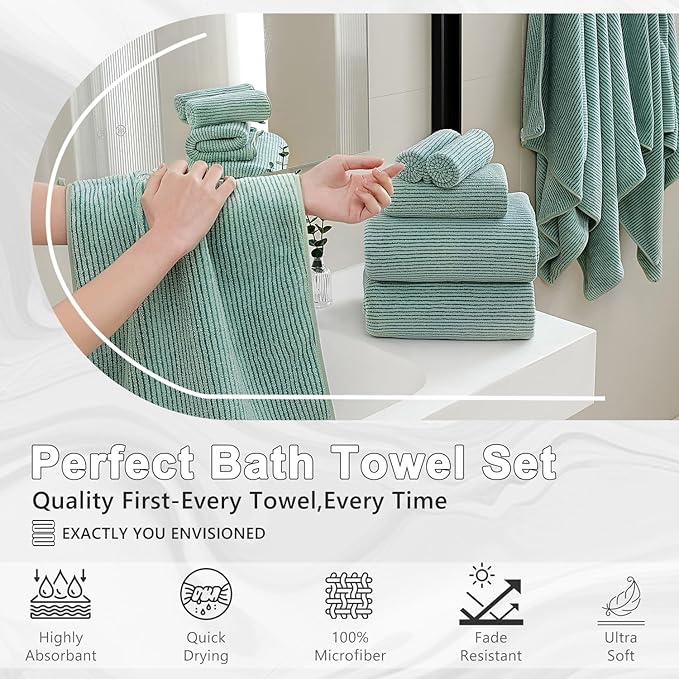 8-Piece Premium Towel Set for Bathroom|2 Oversized Large Bath Sheet,2 Hand Towels,4 Washcloths|Soft Cozy Highly Absorbent Fast Dry Microfiber Shower Towel Set for Hotel Bathroom Essentials,Green