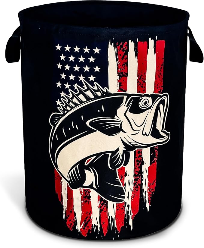American Flag Bass Fish Laundry Basket Bass Fishing Foldable Oxford Cloth Funny Tote Bag Laundry Hamper Clothes Storage Bucket Organizer For Bathroom/Laundry Storage/Bedroom 17.7x13.7