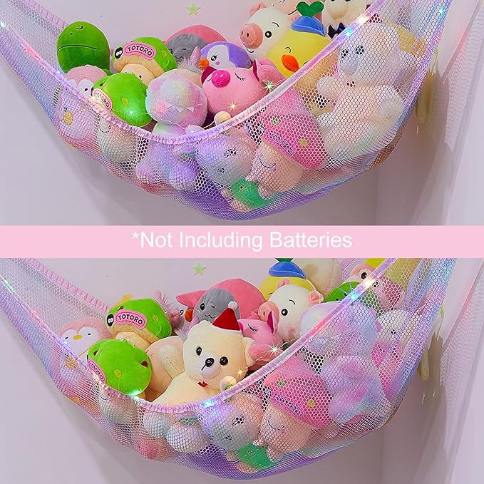 Basumee Stuffed Animals Net or Hammock with LED Light Hanging Toy Net Hammock for Stuffed Animals Storage Stuff Animals Hammocks for Nursery Room with Remote Control, 8 Kinds of Lights(Pack of 2)