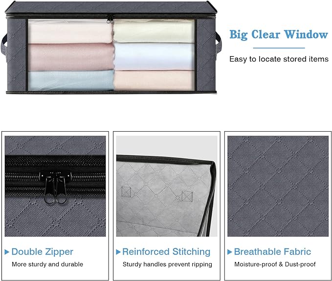 HomeHacks Storage 8-Pack Clothes Organizer Storage Bags Foldable Storage Box with Large Clear Window Sturdy Handles for Closet, Dorm, Pillows, Bedding, Clothes, Blankets, 35L, Grey