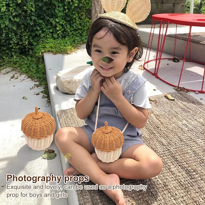 Fdit Kids Rattan Storage Basket Bag, Hand Woven Pine Cone Shaped Basket for Boys Girls Home Decor Storage Box Photography Props (Small Shoulder Bag)