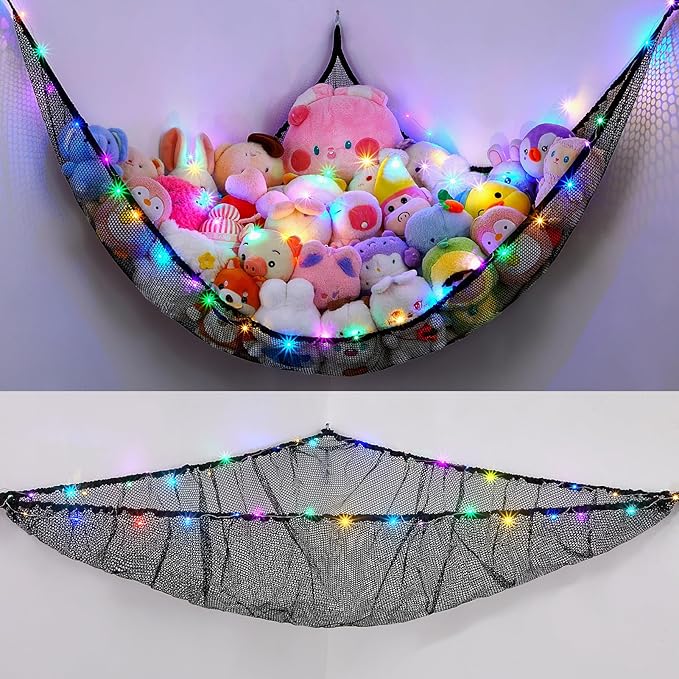 Unicorn Castle Stuffed Animals Net or Hammock Kids Toy Storage Organizer with LED Light Hanging Corner Stuffed Animals Holder Kids Girls Room Decor,Black,XLarge (Pack of 1)