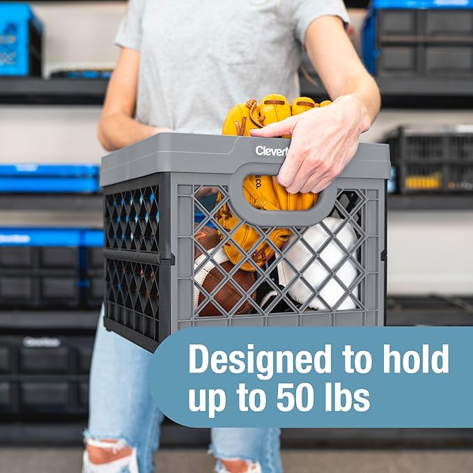 CleverMade Collapsible Milk Crate 25L (6.6 Gal) 3 Pack, 50 lb Heavy Duty Folding Crate – Stackable Storage Crates with File Rails, Plastic Collapsible Crates for Storage - Stone