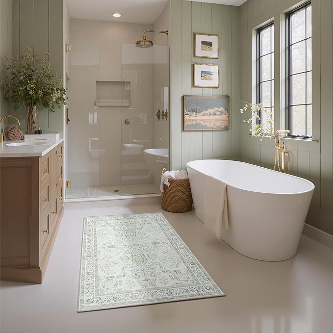 GRANNY SAYS Boho Bathroom Rugs 32" x 20" Non-Slip, Quick Dry & Washable, Vintage Bath Rug, Distressed Farmhouse Plush Velvet Small Bath Mat, Absorbent for Shower Toilet Sink, Pet Friendly-2'x3'