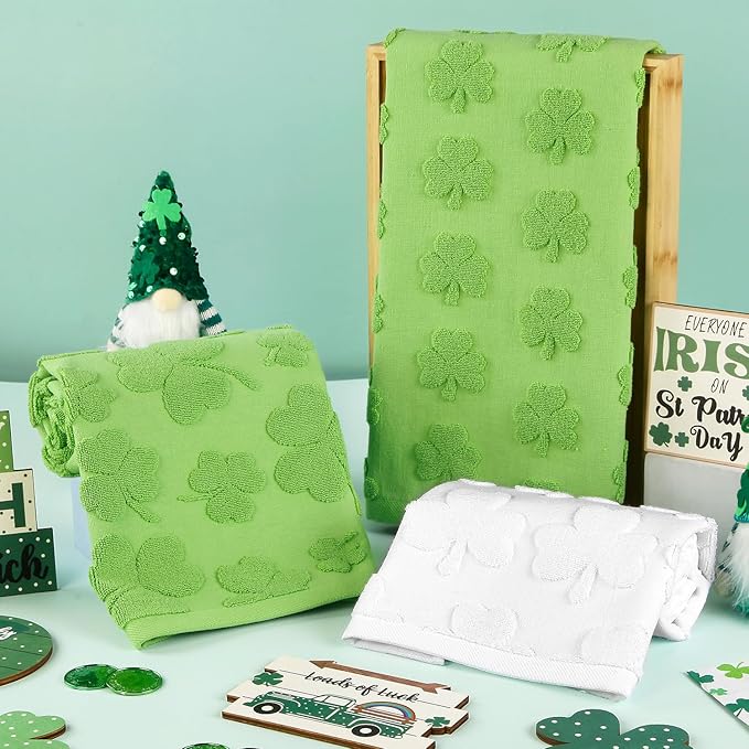2 Pack St. Patrick's Day Hand Towels Kitchen Dish Towels Green Clover Shamrocks 100% Cotton Soft Absorbent Decorative Bathroom Towels Set for Cooking Baking Cleaning, 13.7'' x 29.5''