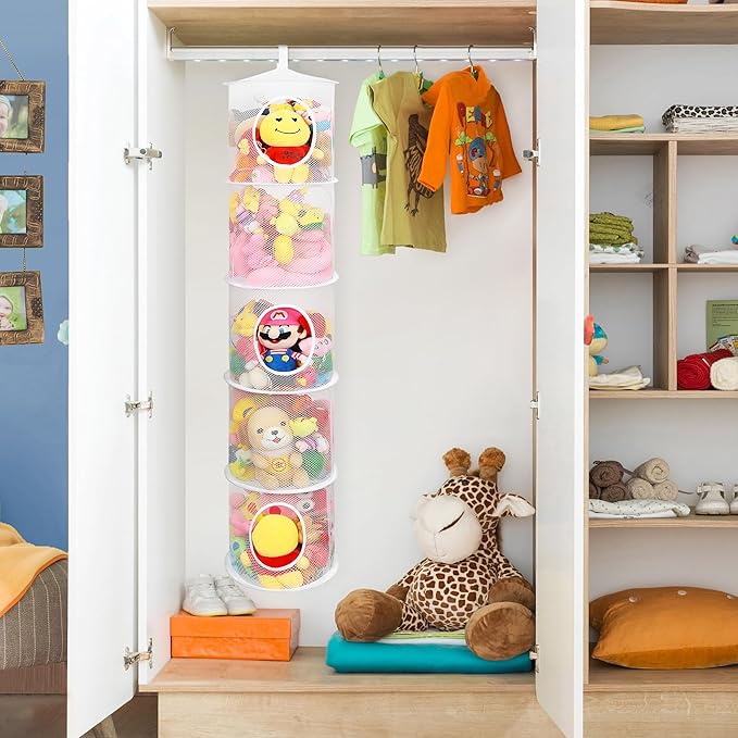 Hanging Mesh Stuffed Animal Storage Hammock Net, Foldable Large Toy Storage Organizer 5 Compartments Net for Stuffed Animals wall storage for Boys, Girls, Gloves, Hats, Socks（white）