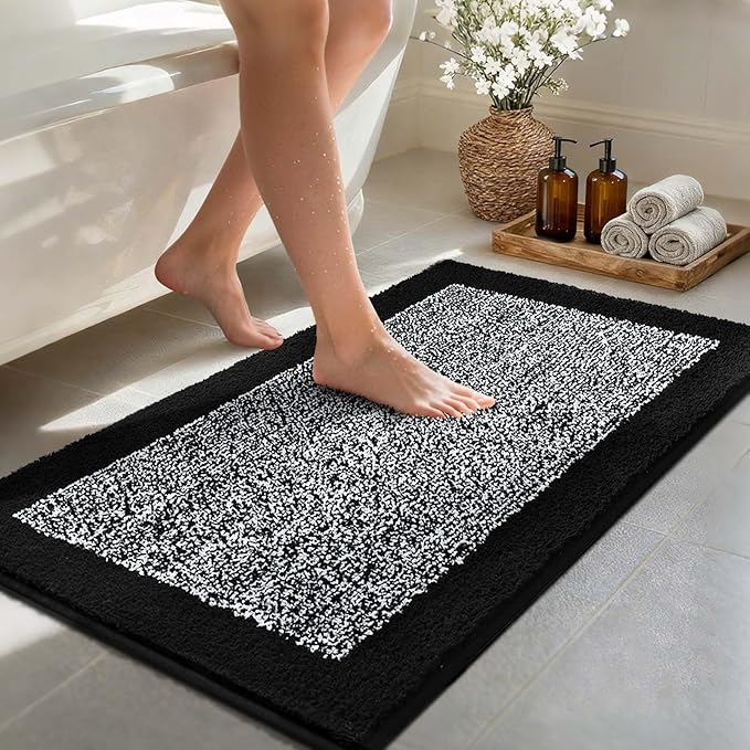 48x24 Long Bathroom Rugs Washable Non Slip, Black Bath Mat for Bathroom Floor Tub, Soft Absorbent Quick Dry Mats for Shower,Bathtub,Home Decor