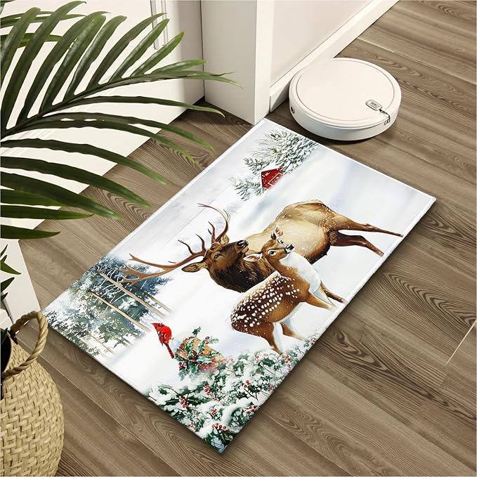 32x20in Winter Deers Bathroom Rug- Xmas Tree Red Bird Berries Bath Mats- Rustic Elk Moose Snow Cottage Non-Slip Holiday Seasonal Bath Rugs for Shower Room Bathtub Sink Bedside