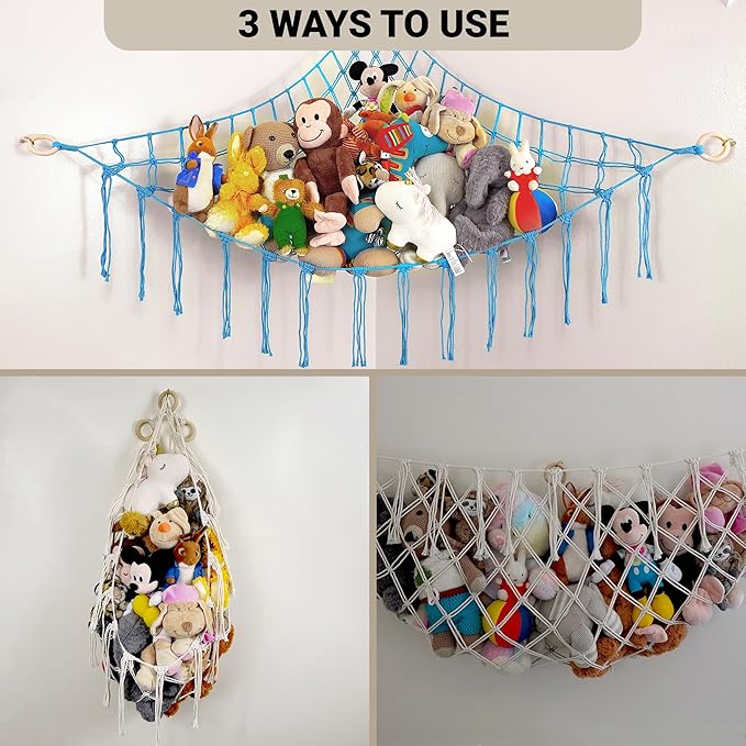 Large Stuffed Animal Hammock Corner - Stuffed Animal Storage - 100% Natural Cotton Macrame Stuffed Animal Net - Stuff Animal Organizer - Net For Stuffed Animals Corner Large-Blue