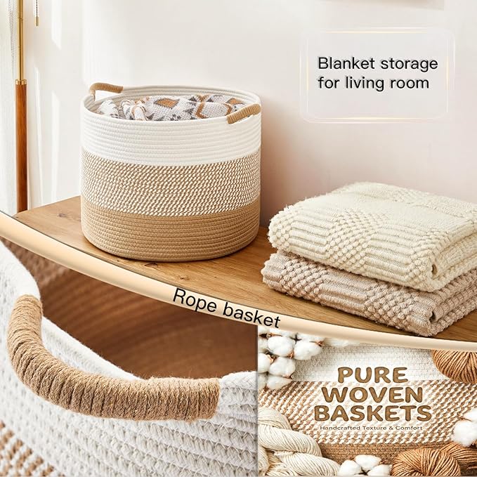 Large Natural Woven Blanket Basket, 70L Boho Decorative Cotton Rope Basket for Blankets Pillows and Toddler Toy Storage, Rope Blanket Storage for Living Room, Laundry, Nursery (Brown)