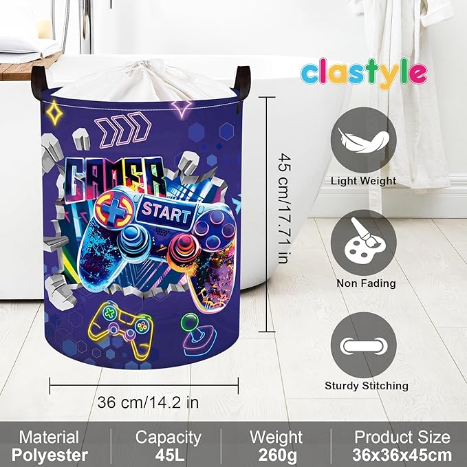 Clastyle Cool Game Storage Basket Kid Game Controller Clothes Laundry Hamper Collapsible Boy Toy Box for Nursery Palyroom,3D Purple,36 * 45 cm