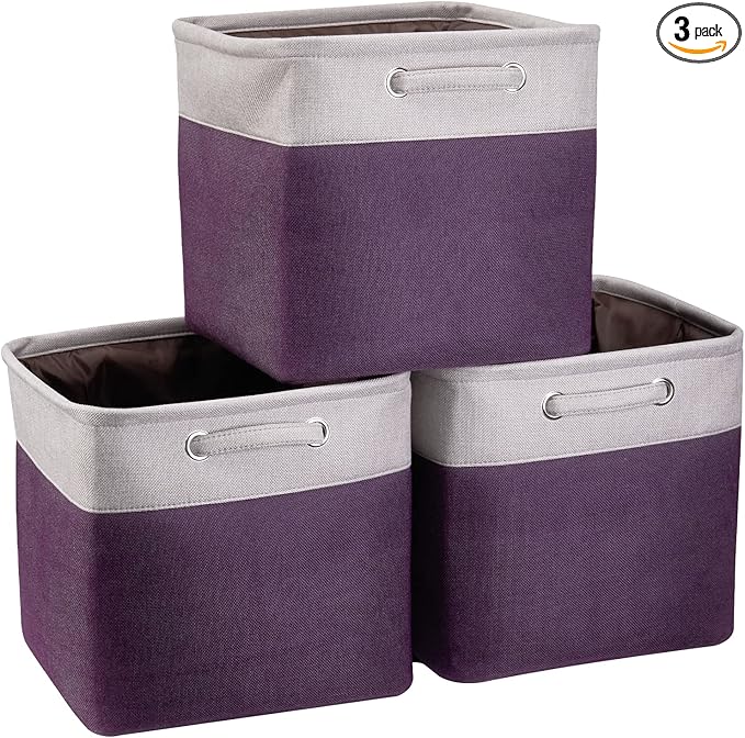 13 Inch Cube Storage Bins Purple - 3-Pack Purple Storage Cubes with Handles, 13x13x13 Fabric Storage Bins, Foldable Dark Purple Storage Baskets for Shelves, Cloth Organizer Cube Bins