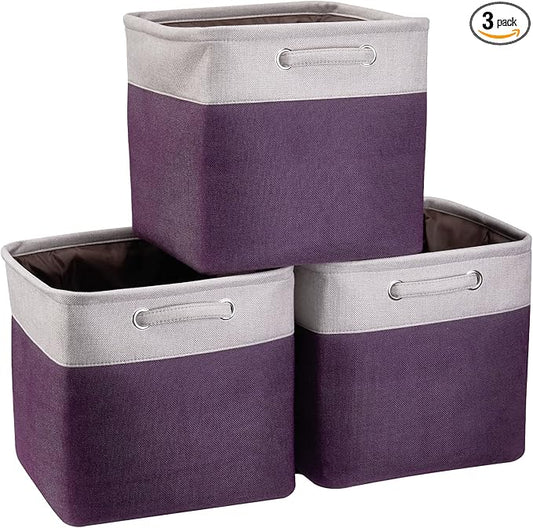 13 Inch Cube Storage Bins Purple - 3-Pack Purple Storage Cubes with Handles, 13x13x13 Fabric Storage Bins, Foldable Dark Purple Storage Baskets for Shelves, Cloth Organizer Cube Bins