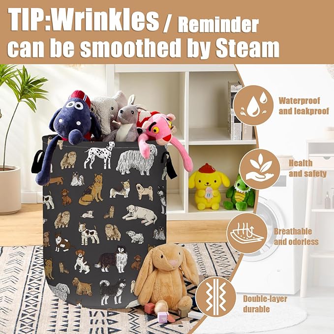 Cute Dogs Laundry Basket, Foldable Dog Lover Laundry Hamper Tote Bag Dirty Clothes Storage Bucket Toy Organizer for Bathroom/Laundry/Bedroom 15.7"x19.6"
