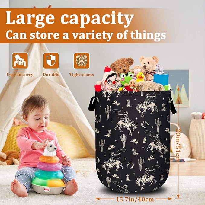 Western Cowboy Element Laundry Basket with Sturdy Handles, Collapsible Oxford Cloth Laundry Hamper Organizer Basket for Bathroom Bedroom 15.7x20 Inch