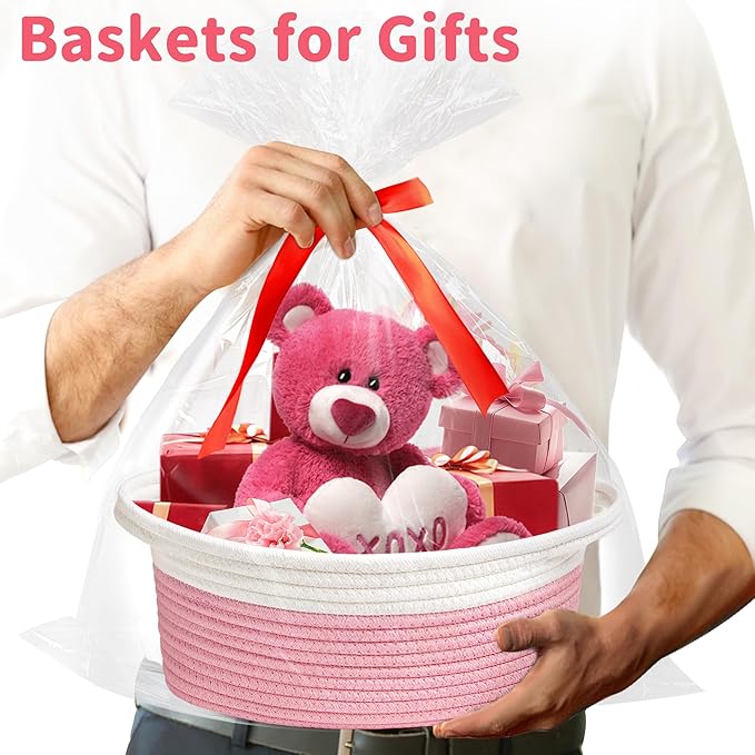 Small Woven Basket with Gift Bags and Ribbons Cute Baskets for Gifts Empty 12"x8"x5" Small Rope Toy Basket for Babies Baskets for Storage, White & Pink