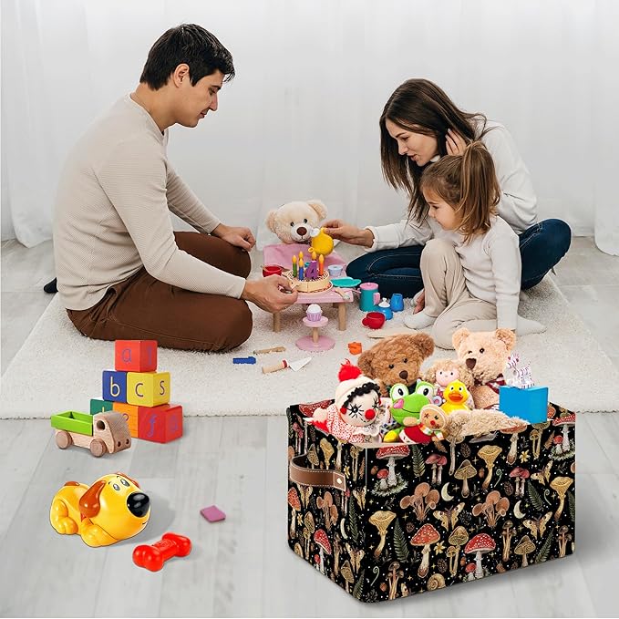 Mushroom Rectangle Storage Basket - Mushroom Themed Collection Collapsible Storage Baskets with Handles - Mushrooms Toy Bin - Mushrooms Pattern Storages Bin for Kids Clothes, Gifts, Books