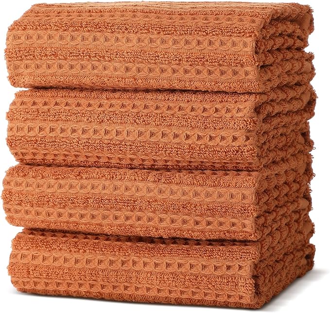 4 Pack Burnt Orange Hand Towels Waffle Striped Pattern 100% Cotton Soft Hand Towels for Bathroom 13 x 29 Inch Absorbent Waffle Washcloths for Bathroom Kitchen