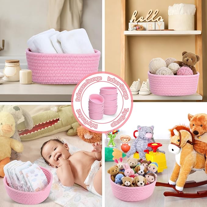 Yinkin 12 Pack Small Storage Basket Cute Natural Cotton Rope Woven Basket Tiny Boho Decorative Toy Storage Bin Gift Baskets for Home Organizing, Closet, Shelf, Nursery, Bathroom(Round,Pink)