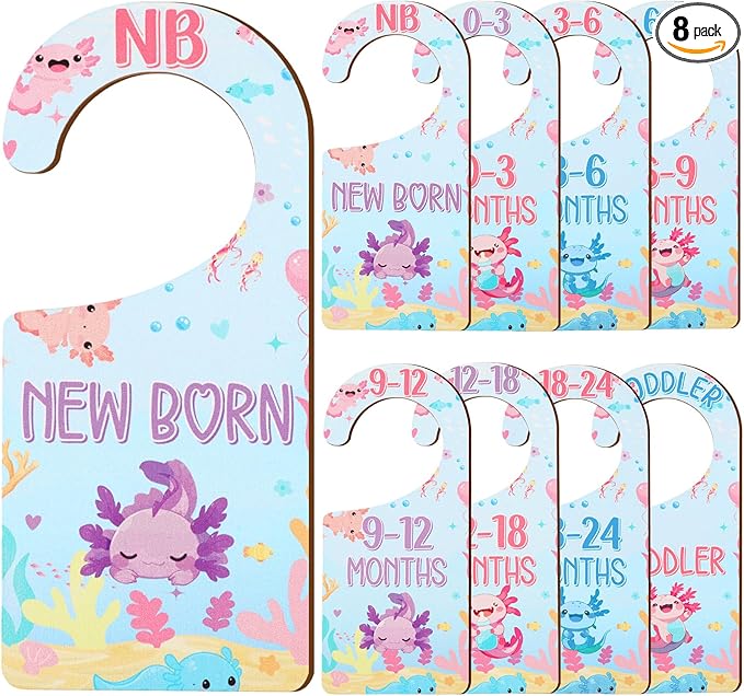 Baby Closet Dividers 8PCS, Axolotl Themed Wooden Double-Sided Clothes Size Hanger/Organizer from Newborn to Toddler for Nursery Decor Baby Shower Birthday Gender Reveal Party Gift