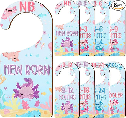 Baby Closet Dividers 8PCS, Axolotl Themed Wooden Double-Sided Clothes Size Hanger/Organizer from Newborn to Toddler for Nursery Decor Baby Shower Birthday Gender Reveal Party Gift