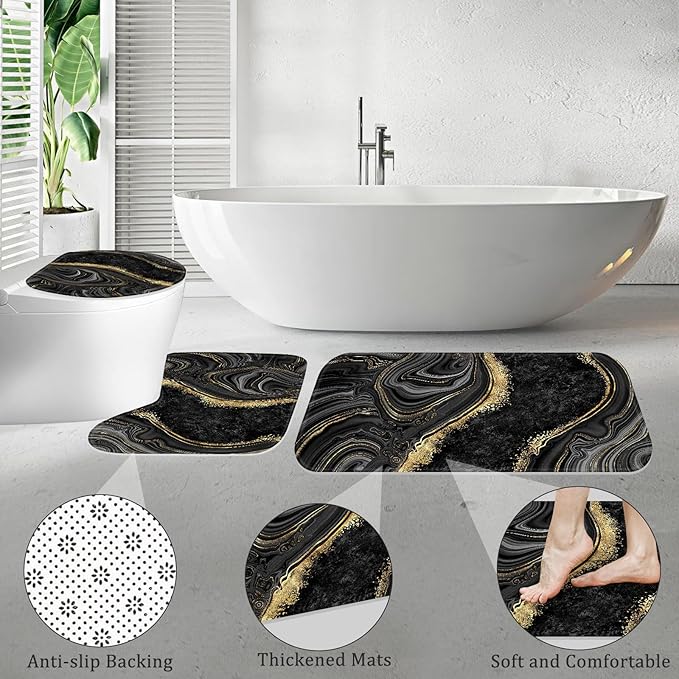 4PCS Black Gold Marble Shower Curtain Sets with Rugs, Abstract Bathroom Sets with Shower Curtain and Rugs, Bathroom Curtains Shower Set with Toilet Lid Cover for Bathroom Decor