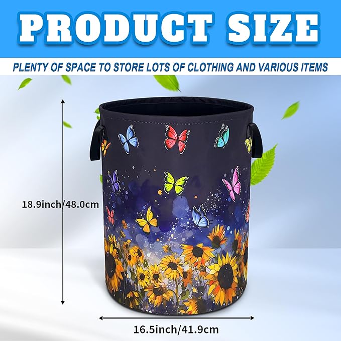 Colorful Butterfly Sunflower Laundry Basket Oxford Cloth Laundry Hamper With Handle Foldable Portable Clothes Storage Basket 18.9 X 16.5 In Storage Bag For Laundry Room/Bathroom/Bedroom/Dormitories