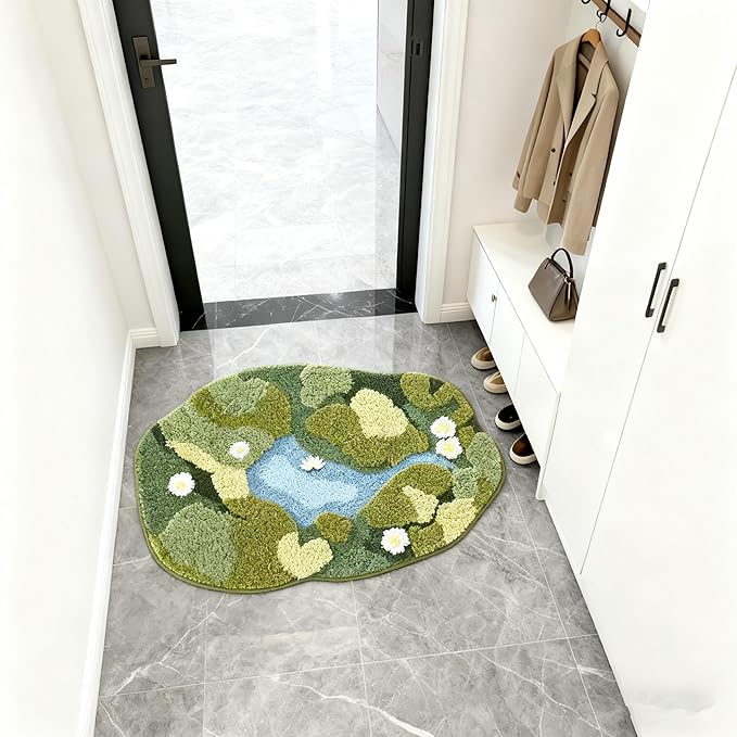 3D Moss Bath Mat - Ultra Thick & Soft, Water Absorbent, Non-Slip Bathroom Rug for Shower Floor, Bedroom Decor | Moss Green, Oval (20"x32")