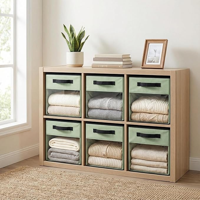 DECOMOMO Storage Bins, Cube Storage Bin with Window, Fabric Storage Cubes for Shelves (11" / 6pcs, Green)